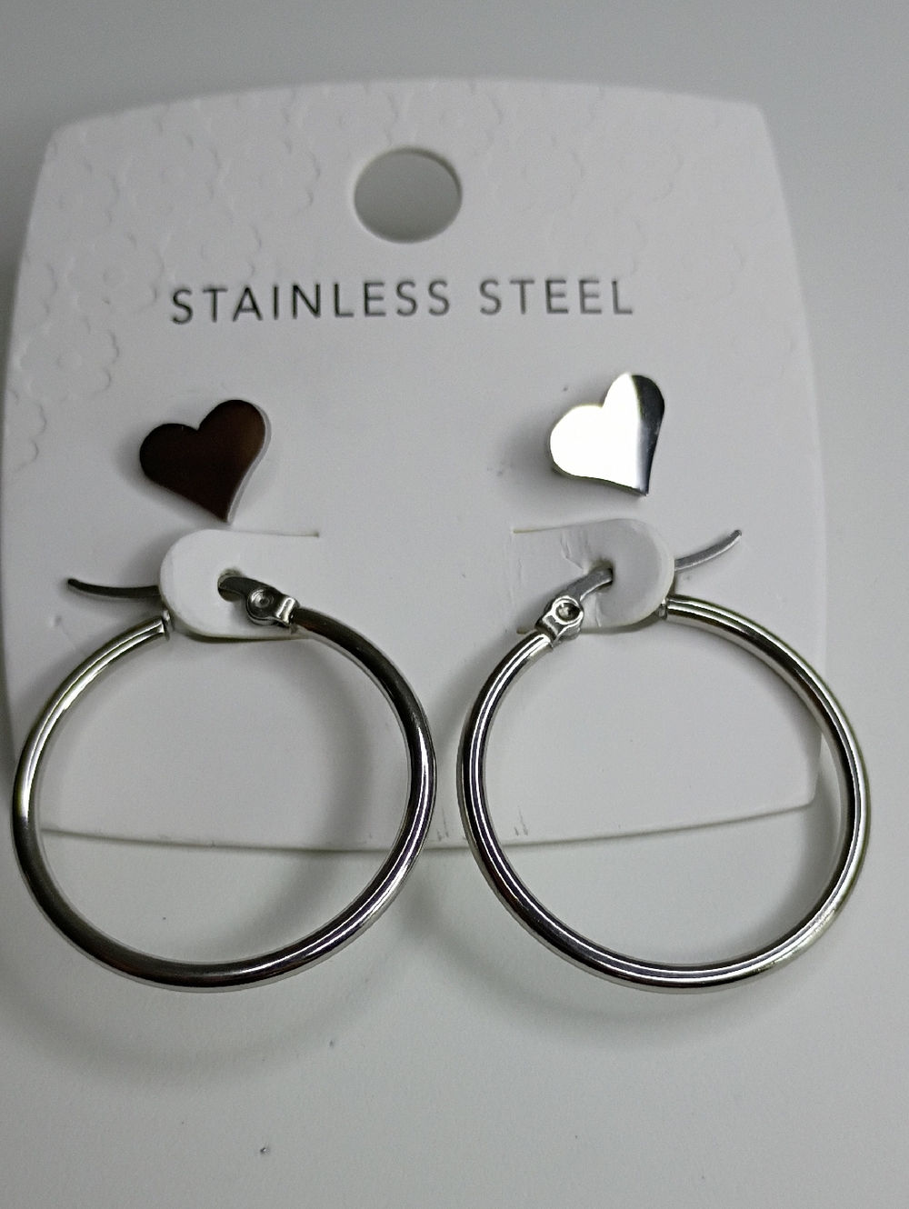 New Stainless Steel Heart Stud & Hoop Earrings - Silver